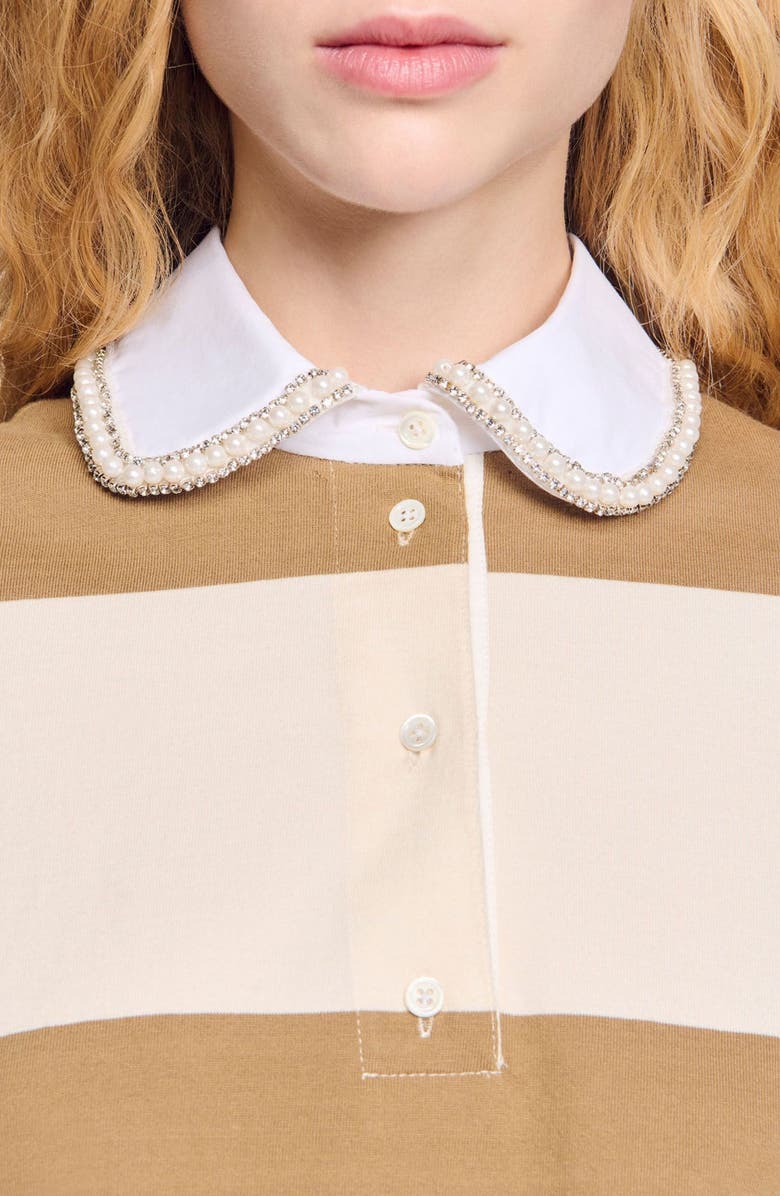SANDRO Striped polo-neck T-shirt, Alternate, color, Beige
