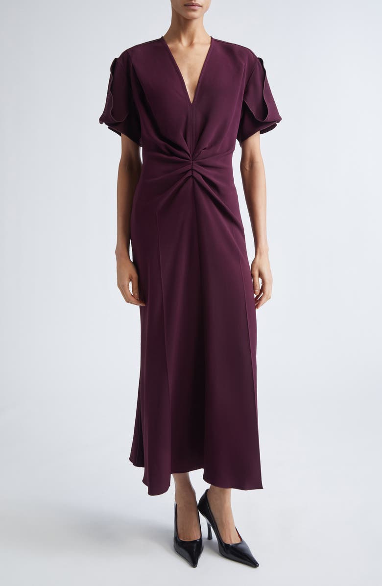 Victoria Beckham Bella Gathered Waist V-Neck Wool Blend Midi Dress, Main, color, Merlot