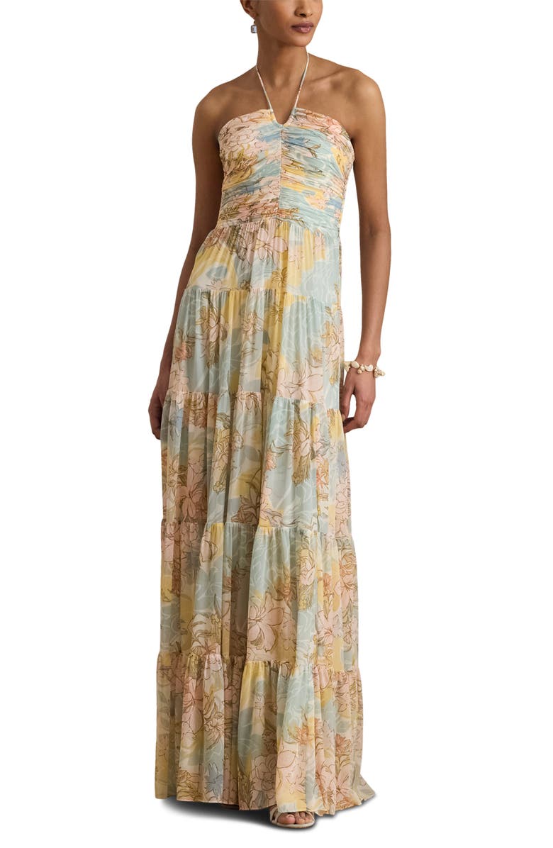 Lauren Ralph Lauren Floral Print Halter Maxi Dress, Main, color, Cream/ Blue/ Multi