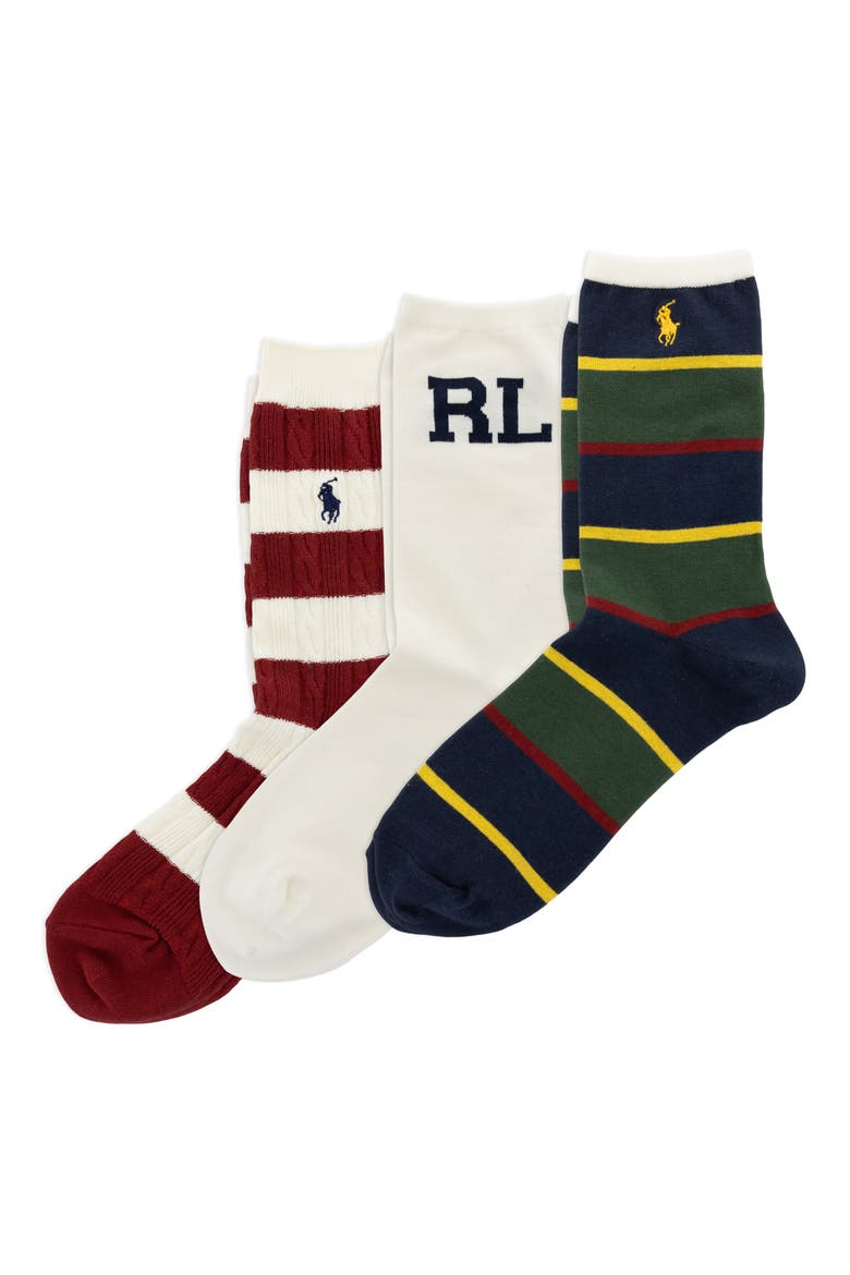 Assorted 3-Pack Preppy Crew Socks, Main, color, WHITE/ GREEN ASSORTED