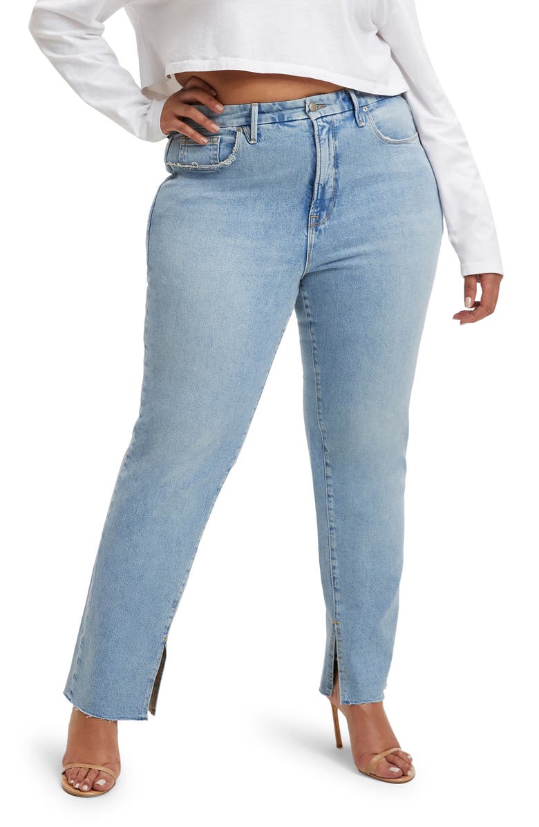 Good American Good Boy High Waist Side Slit Raw Hem Jeans, Alternate, color,