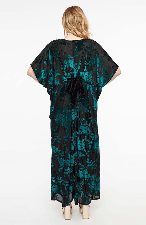 Unique Vintage 1970s Velvet Caftan Jumpsuit In Black & Teal Floral
