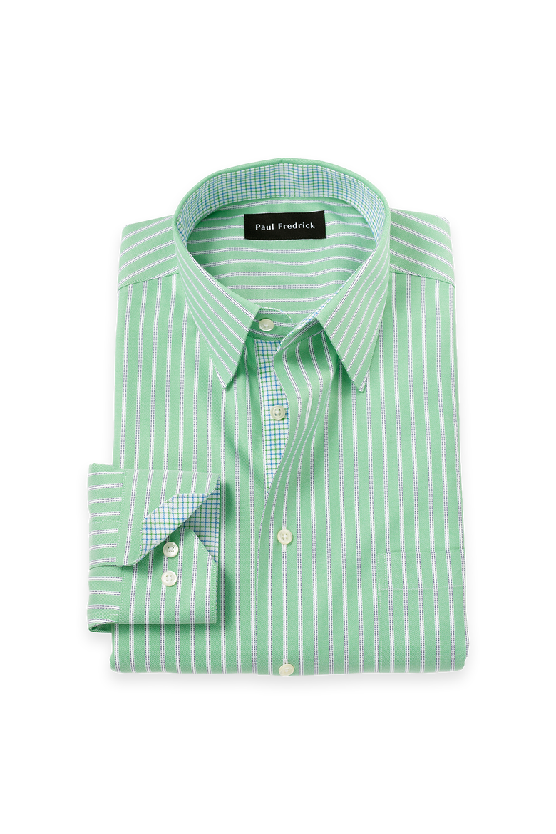 Cotton Poly Spandex Point Collar Twill Slim Contrast Trim Button Cuff Long Sleeve, Main, color, Green