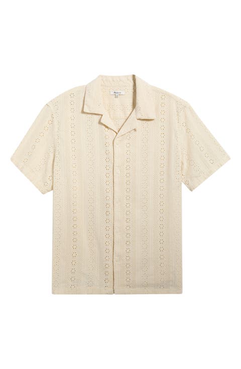Short Sleeve Button-Up Shirt in Embroidered Cotton