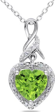 DELMAR Sterling Silver Peridot & Diamond Heart Pendant Necklace - 0.06ct.