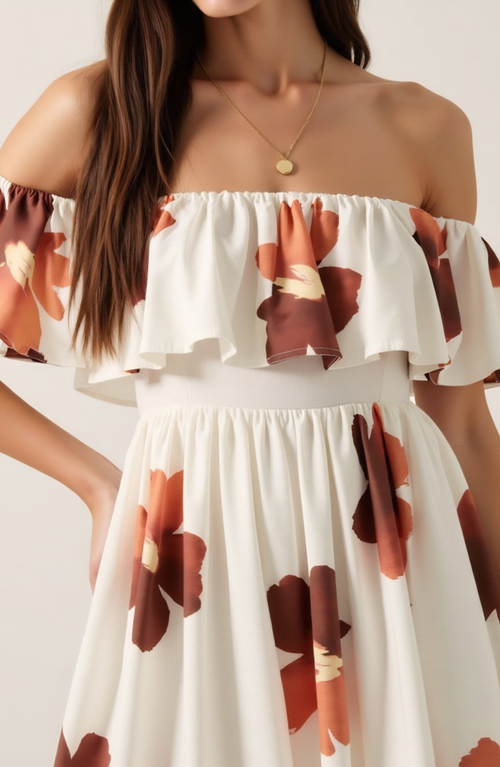 Modenaire Off-the-shoulder Floral Ruffled Flared Mini Dress In White