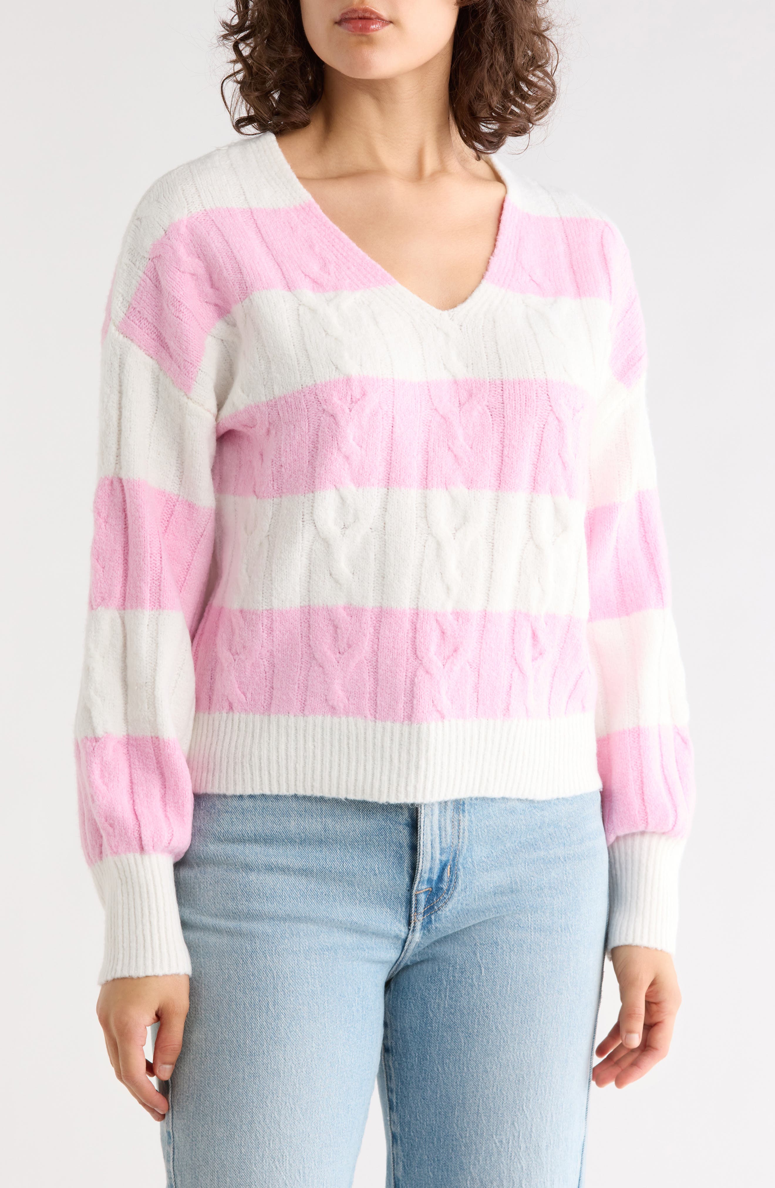 Madden Girl Rugby Stripe Cable Knit V-Neck Sweater