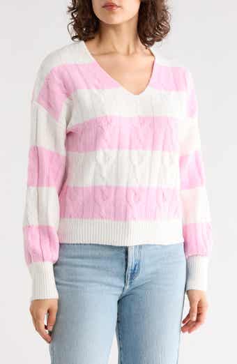 Madden Girl Rugby Stripe Cable Knit V-Neck Sweater