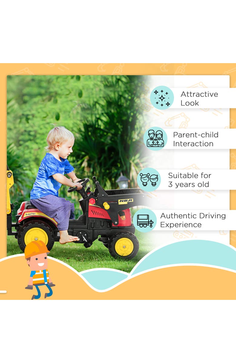 Aosom 3 in1 Kids Ride On Bulldozer with 6 Wheels, Controllable Cargo Trailer, Easy Pedal, Alternate, color, Red