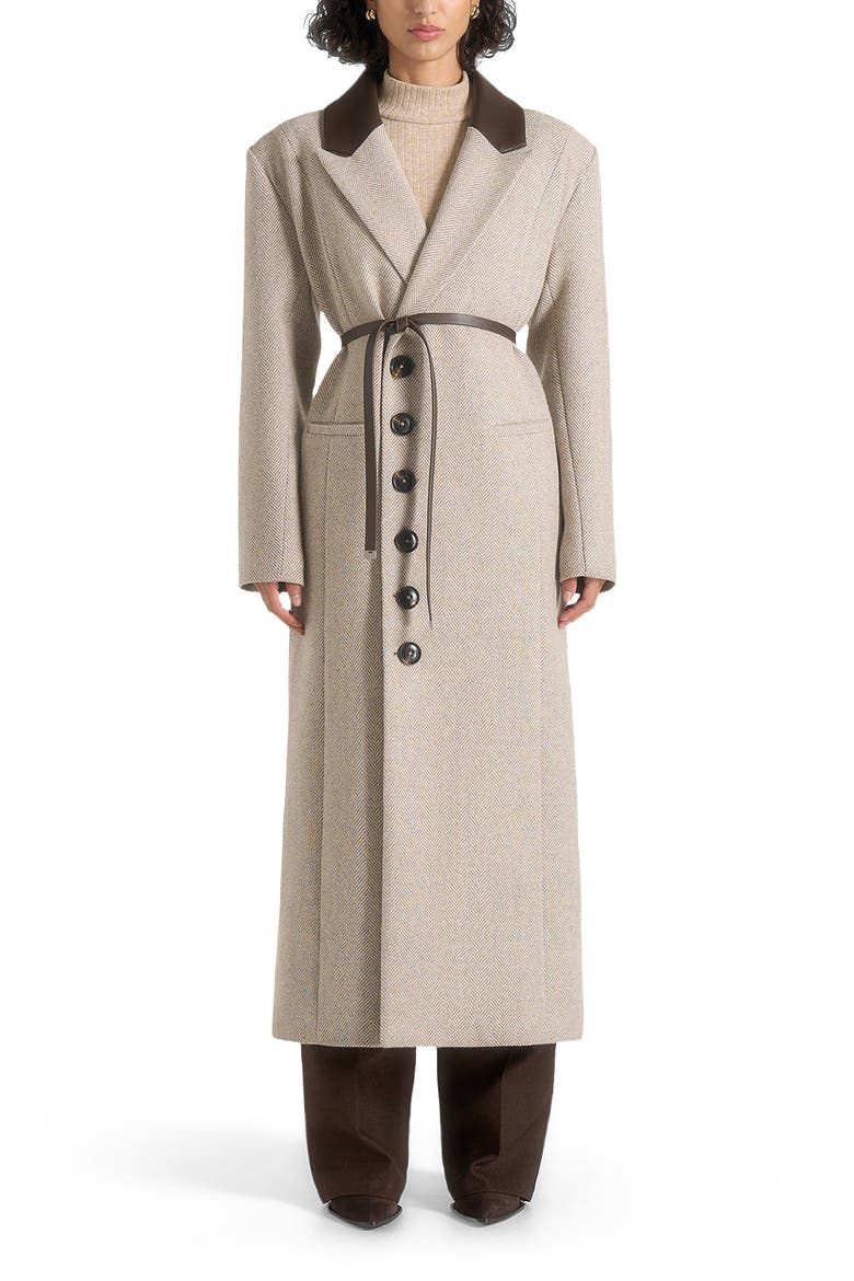 Anissa Herringbone Wool Oversized Coat with Leather Belt, Alternate, color, Beige