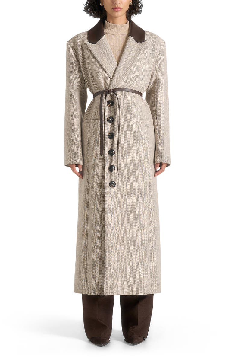 Manière De Voir Anissa Herringbone Wool Oversized Coat with Leather Belt, Alternate, color, Beige