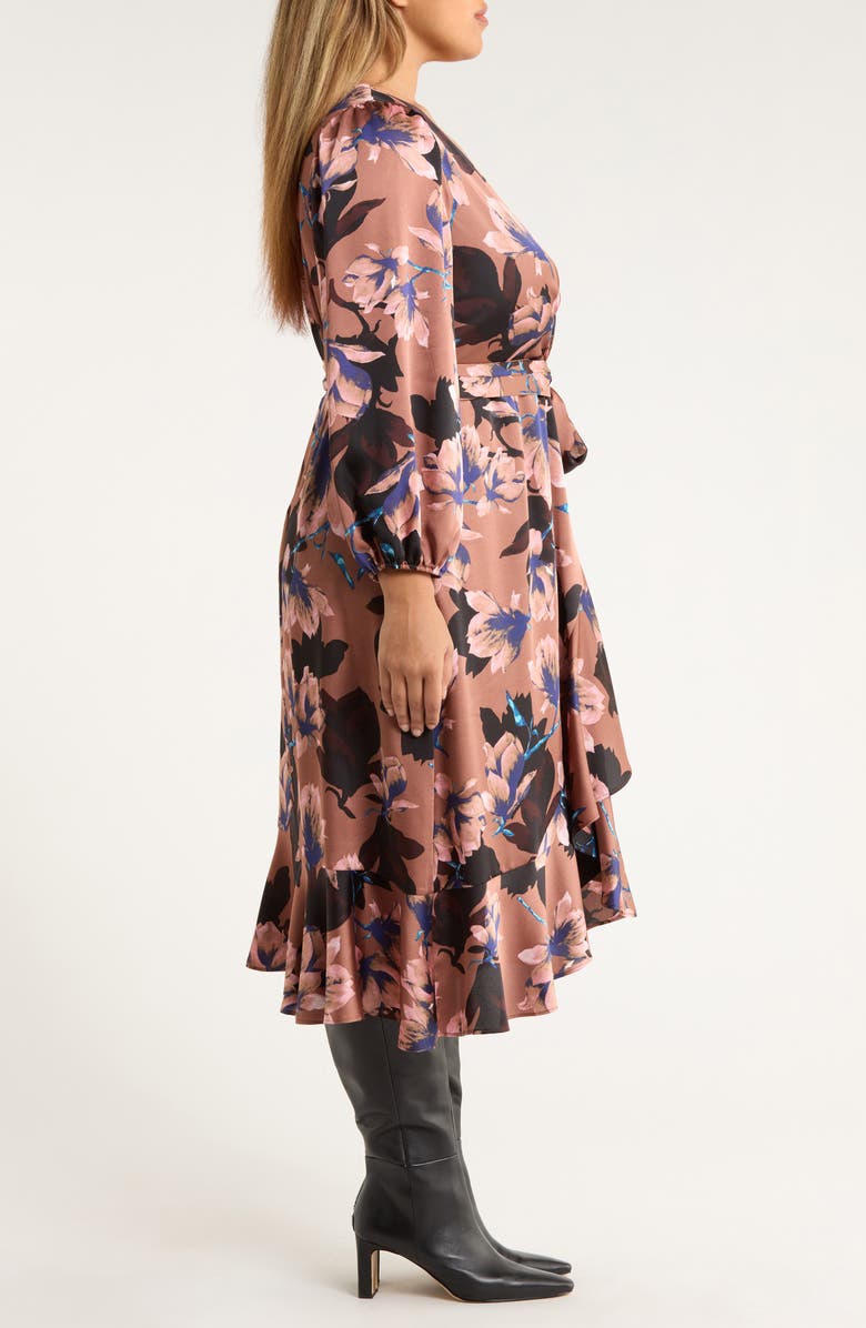 Tahari ASL Floral Long Sleeve Satin Faux Wrap Dress, Alternate, color, Mauve Floral