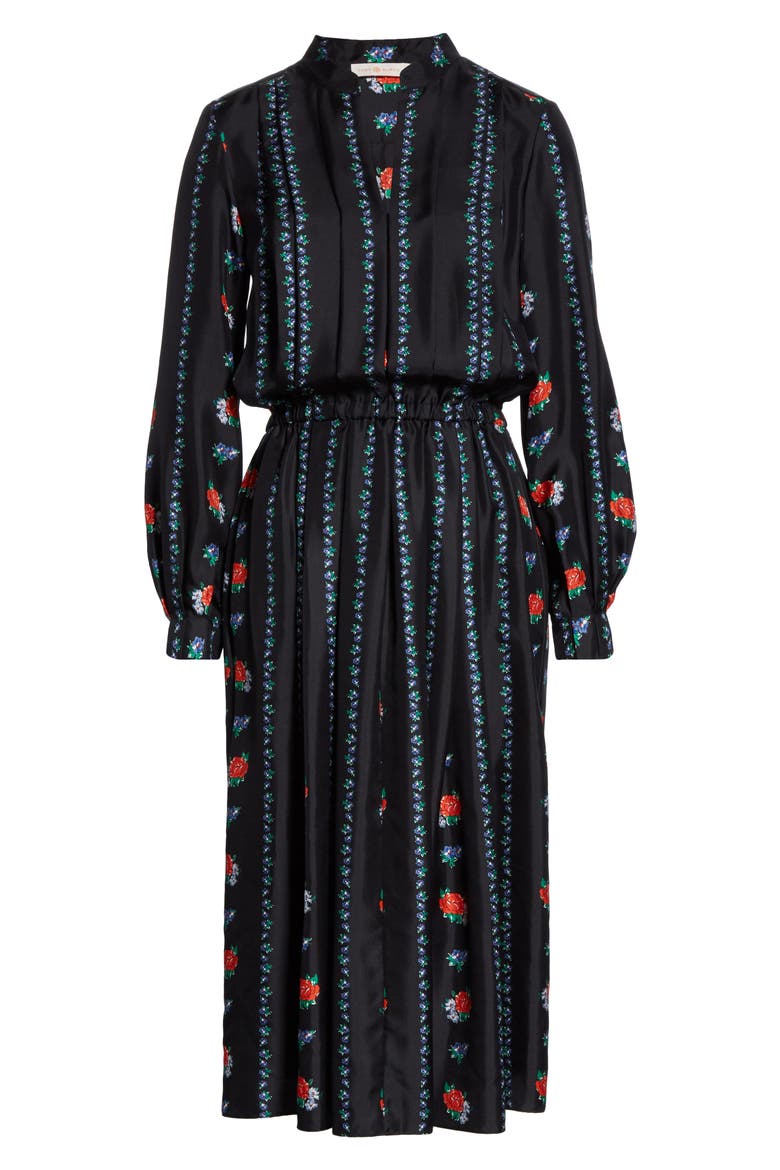 Floral Stripe Long Sleeve Silk Midi Dress, Alternate, color, HEIRLOOM STRIPE