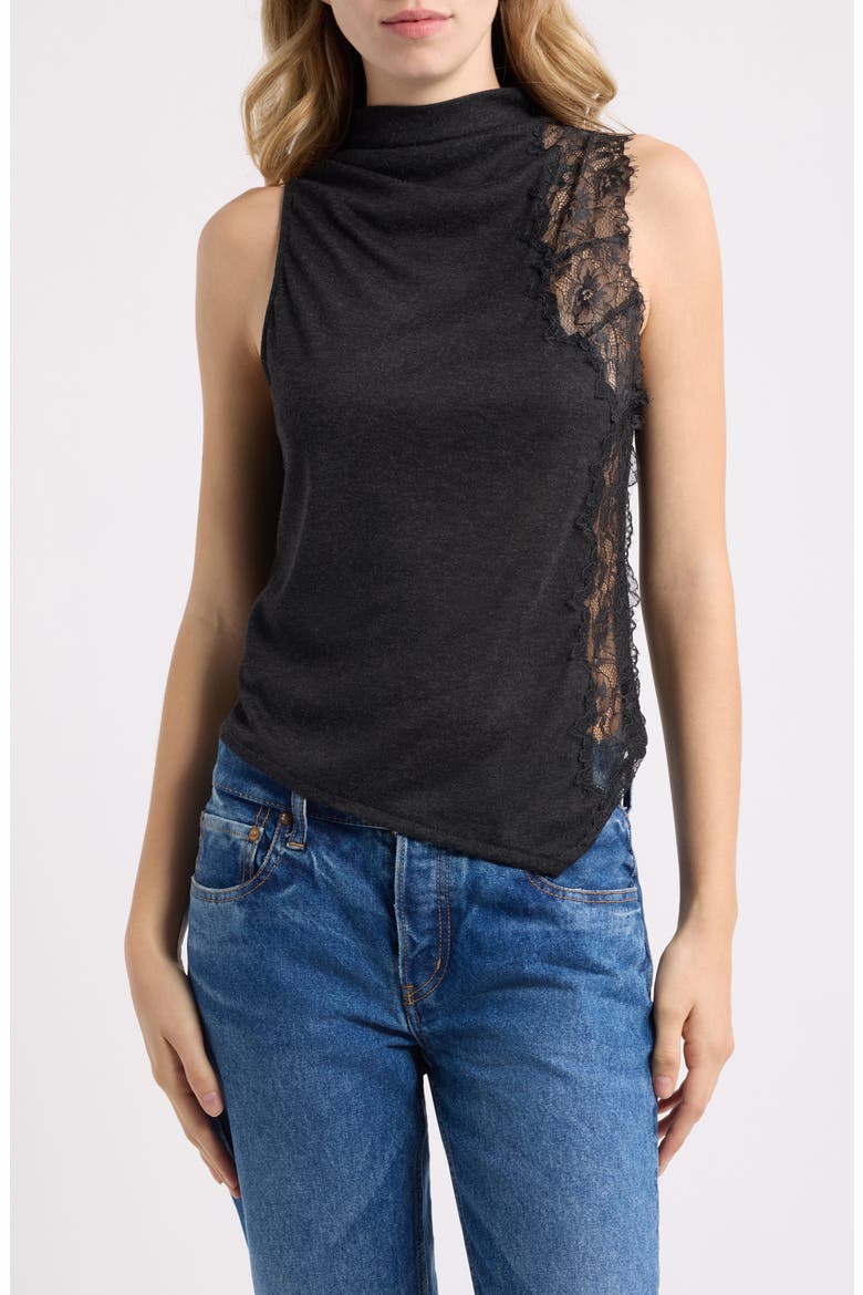 Mock Neck Sleeveless Top with Lace Inset, Main, color, CHARCOAL