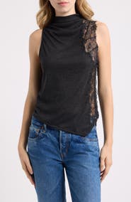 MANGO Mock Neck Sleeveless Top with Lace Inset