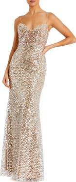 Mac Duggal Embellished Mesh Sleeveless Bustier Gown