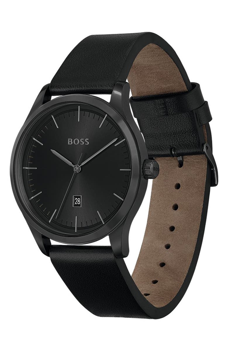 BOSS Three-Hand Quartz Leather Strap Watch, 43mm, Alternate, color, Black Dial