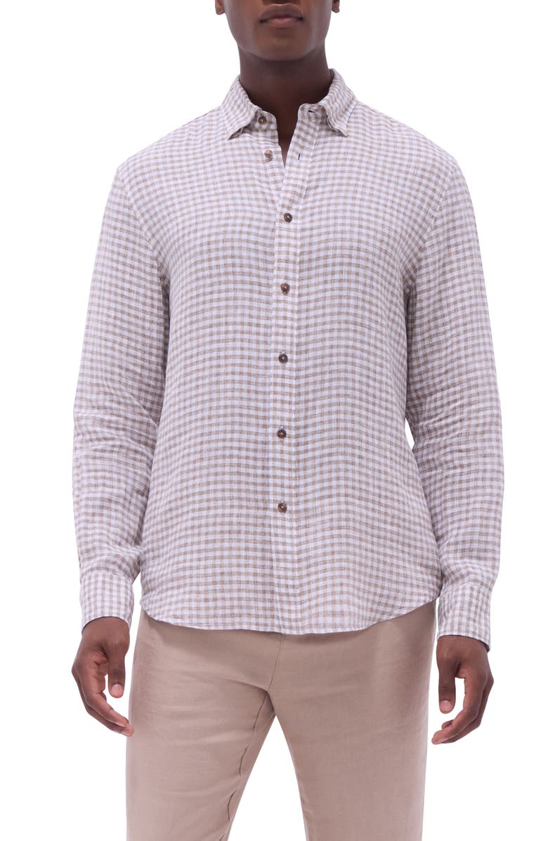 Bugatchi Julian Check Slub Linen Button-Up Shirt, Main, color, Olive