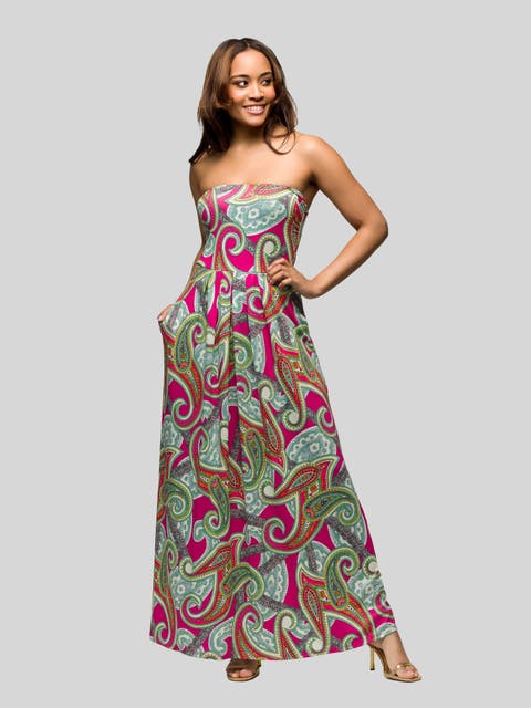 Pink Paisley A-Line Strapless Maxi Dress With Pockets