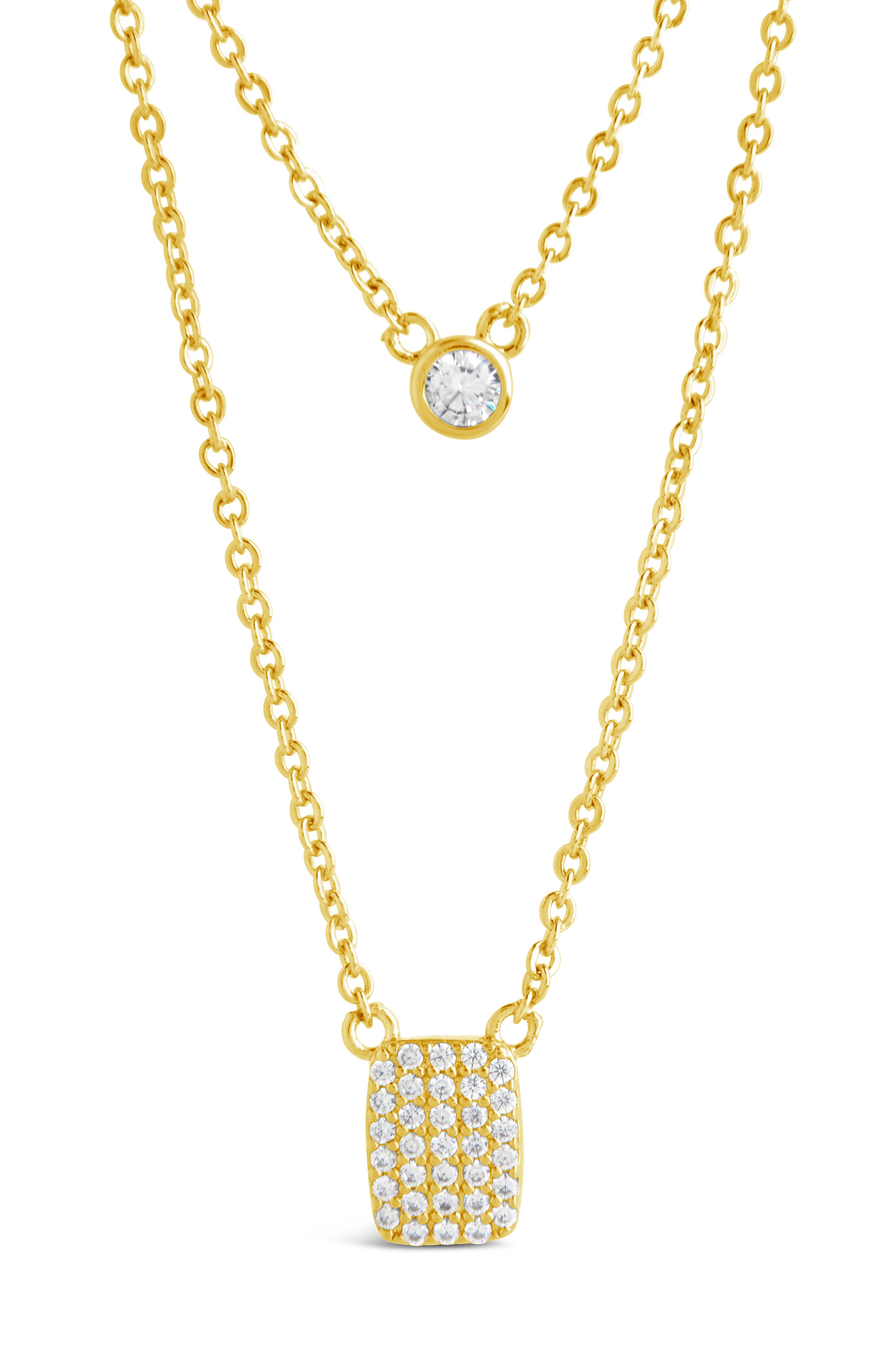 Sterling Forever 14K Yellow Gold Plated Bezel Cubic Zirconia Tag Layered Necklace
