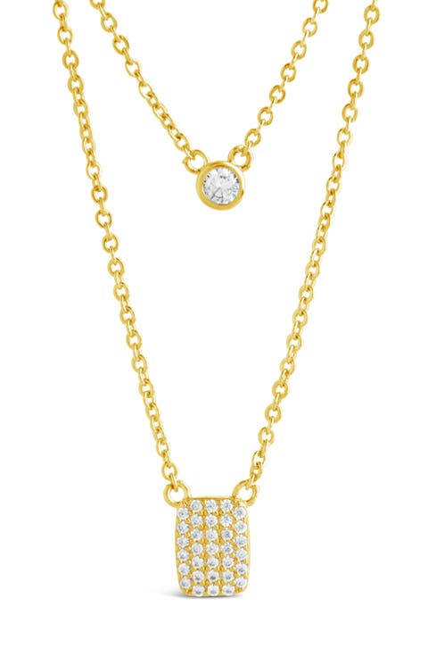 14K Yellow Gold Plated Bezel Cubic Zirconia Tag Layered Necklace