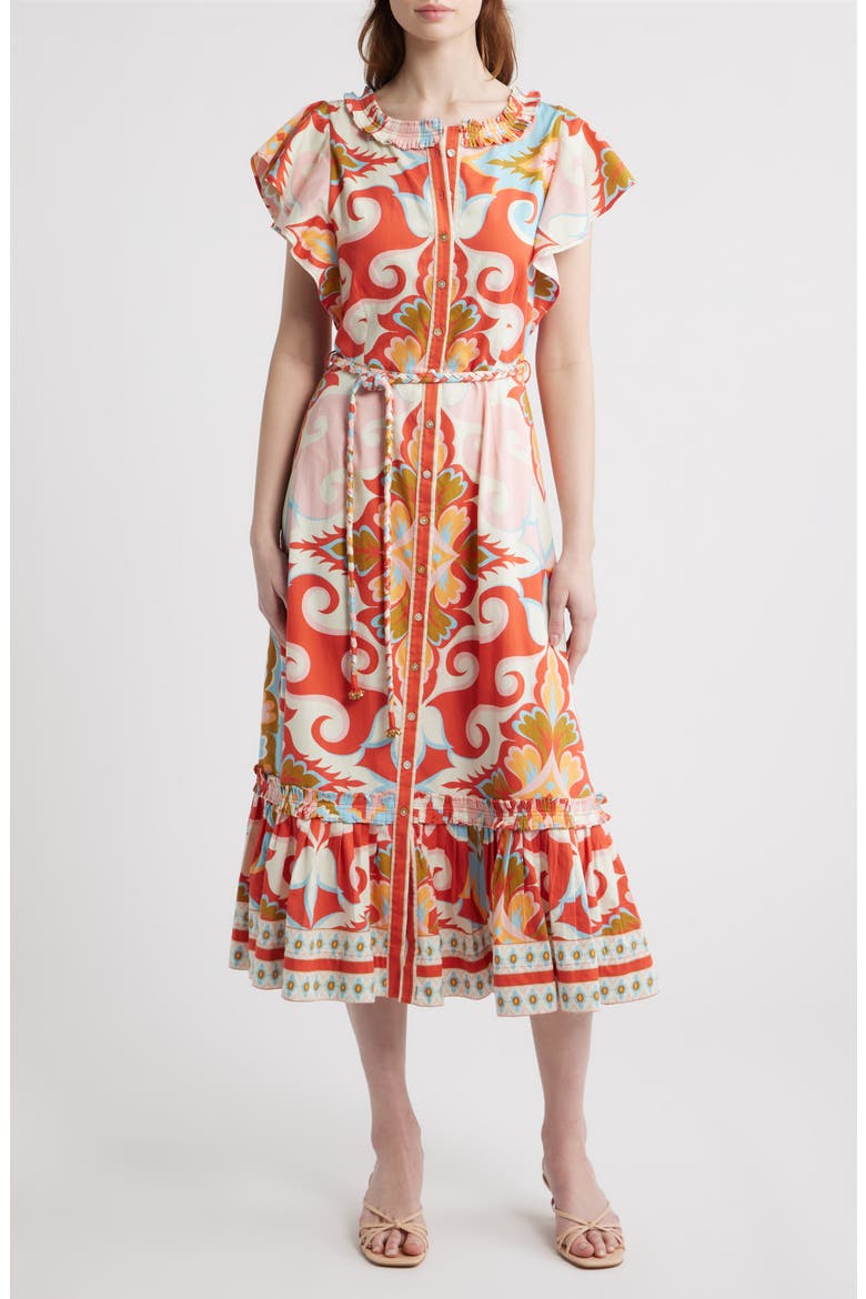 Ella Braided Tie Belt Cotton Midi Dress, Main, color, ROSETTI PRINT