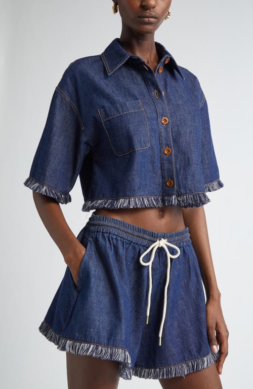 Shop Zimmermann Rhiannon Fringe Trim Crop Denim Shirt In Atlantic