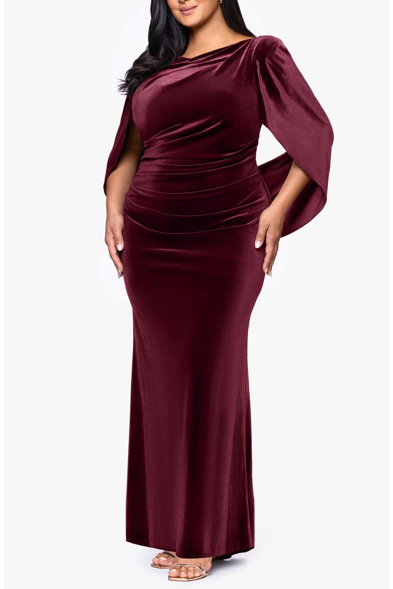 Drape Back Velvet Gown, Alternate, color, BURGUNDY