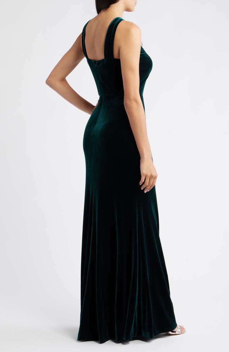 Eliza J Bow Halter Neck Velvet Gown, Alternate, color, Hunter