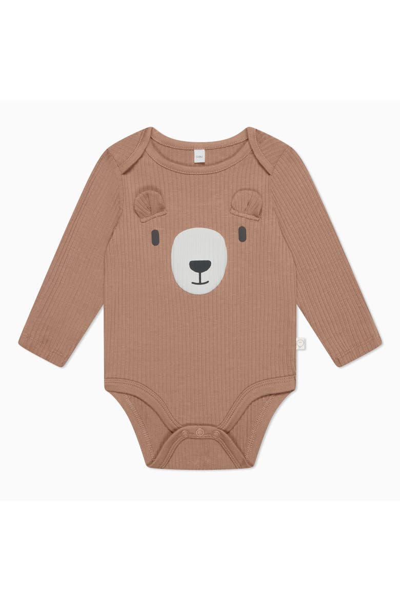 Ribbed Bear Face Long Sleeve Bodysuit, Main, color, Bear & Brown