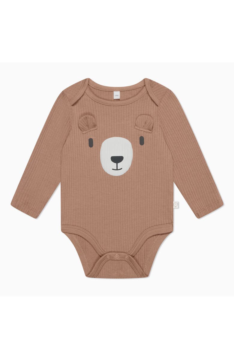 MORI Ribbed Bear Face Long Sleeve Bodysuit, Main, color, Bear & Brown