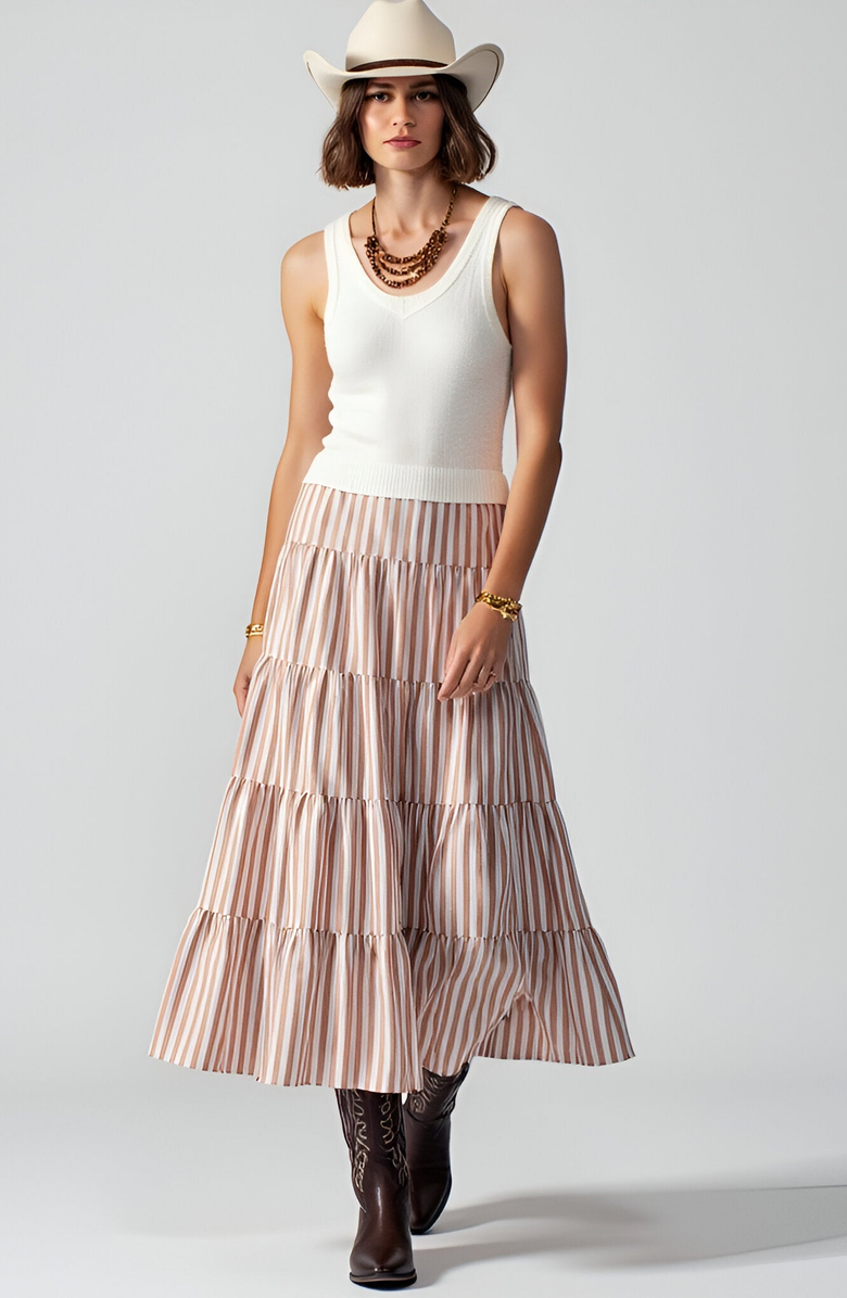 Modenaire Striped Tiered A-Line Maxi Skirt with Elastic Waist and Soft Drape, Main, color, 