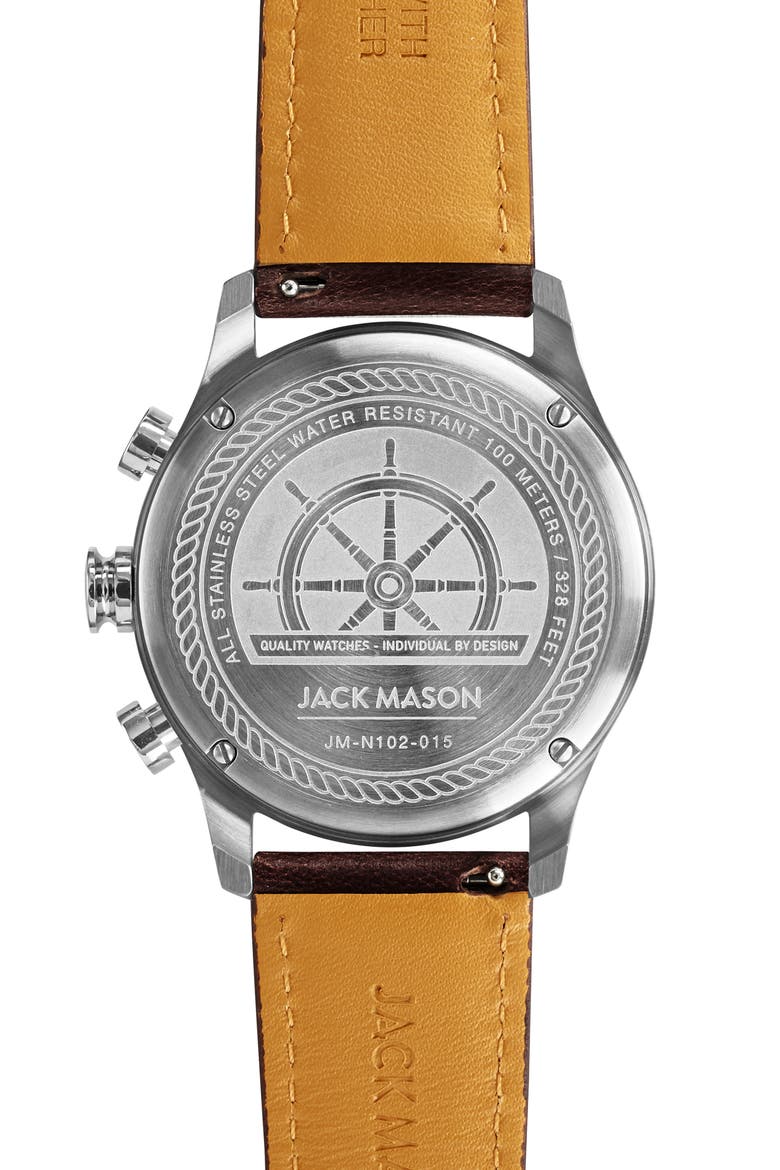 Nautical Chronograph Leather Strap Watch, 42mm, Alternate, color, SILVER