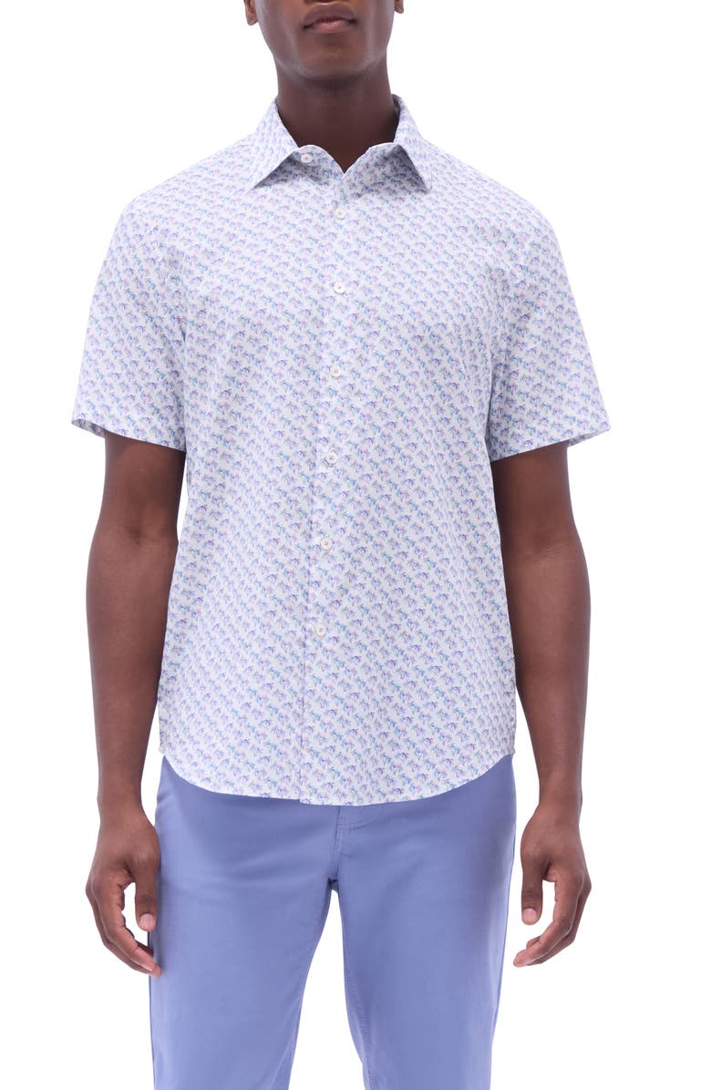 Bugatchi Orson Palm Tree Print Short Sleeve Linen & Cotton Button-Up Shirt, Main, color, Lilac