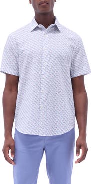 Bugatchi Orson Palm Tree Print Short Sleeve Linen & Cotton Button-Up Shirt