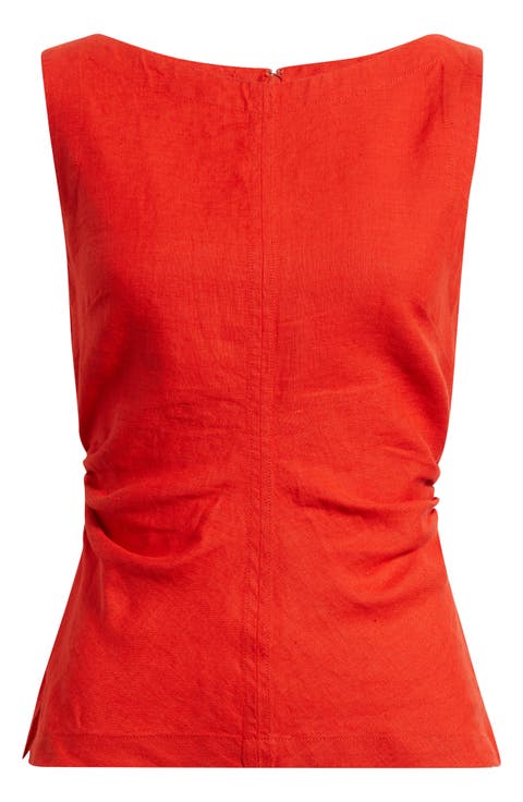 Cinched Boatneck Sleeveless Linen Top