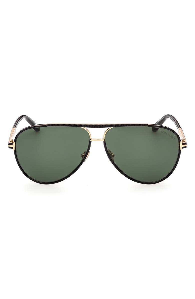 TOM FORD Rupert 63mm Pilot Sunglasses, Main, color, Shiny Black Gunmetal/ Green