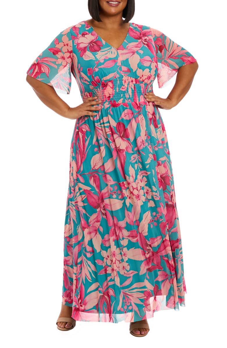London Times Mesh Flutter Sleeve Maxi Dress, Main, color, Blue/ Pink