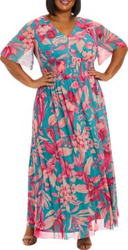 London Times Mesh Flutter Sleeve Maxi Dress