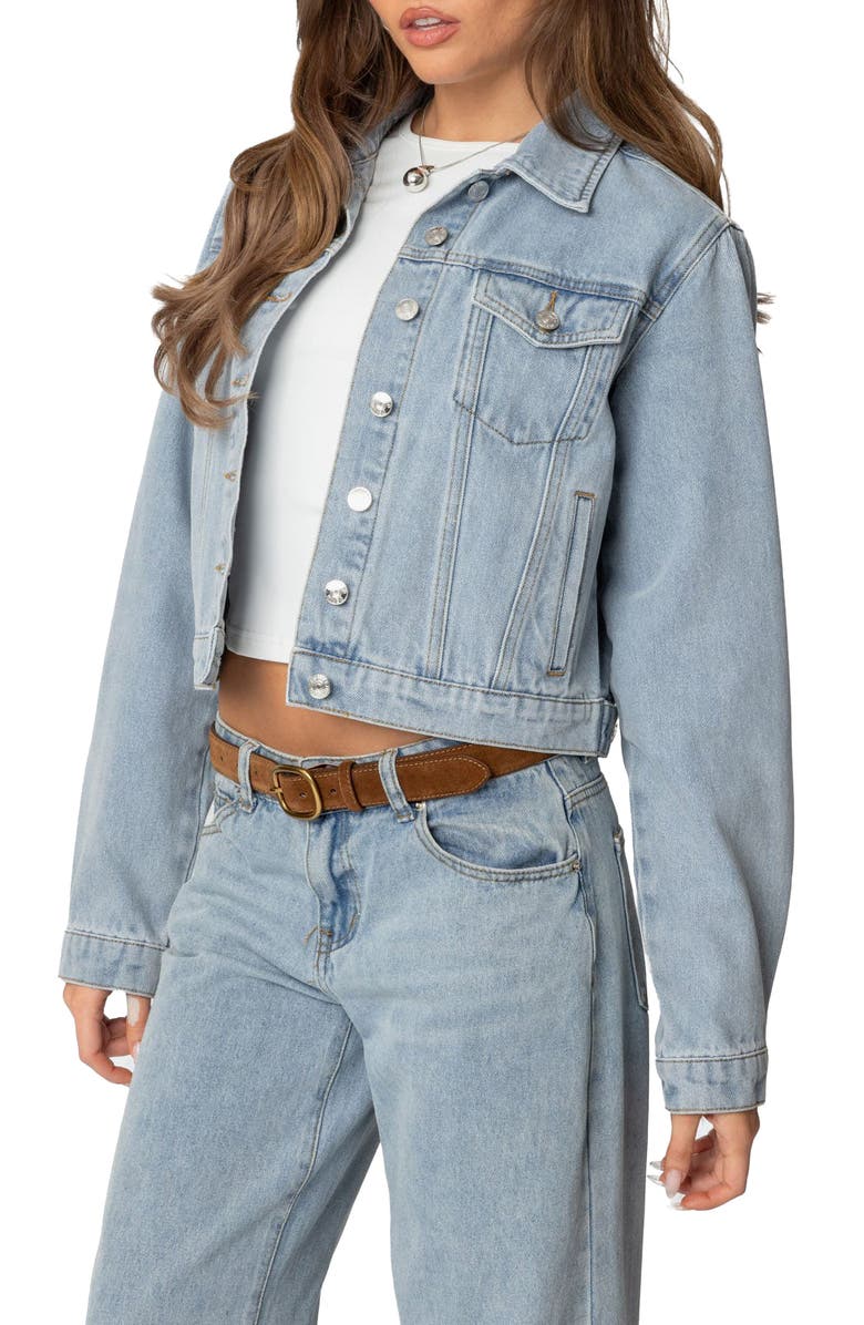 EDIKTED Barb Denim Crop Trucker Jacket, Alternate, color, Light-Blue