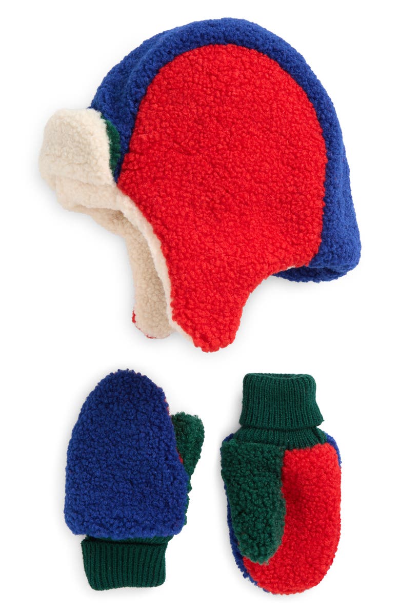 Mini Boden Kids' Colorblock Faux Shearling Hat & Mittens Set, Main, color, 