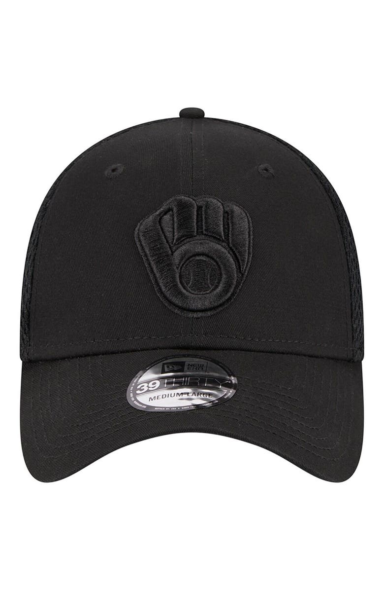New Era Men's New Era Milwaukee Brewers Black-on-Black Neo Mesh 39THIRTY Flex Hat, Alternate, color,