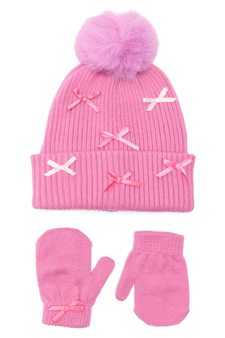 Bow Beanie with Faux Fur Pompom & Mittens Set, Main, color, ROSE