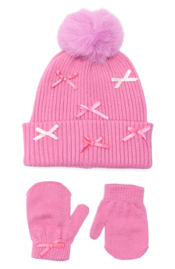 Toby Bow Beanie With Faux Fur Pompom & Mittens Set In Pink