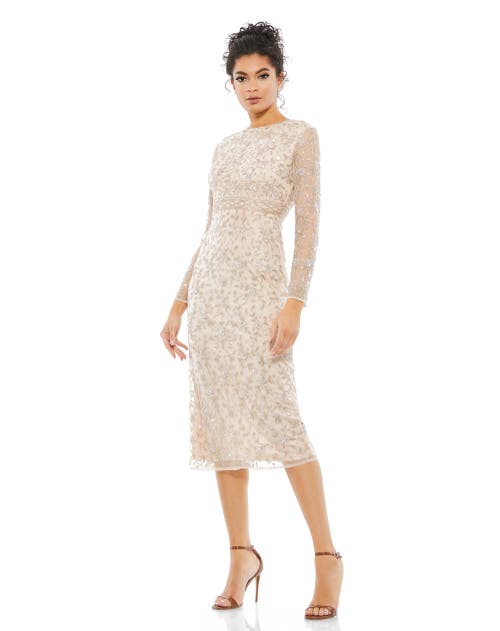 Mac Duggal Floral Beaded Long Sleeve Sheath Dress In Porcelain