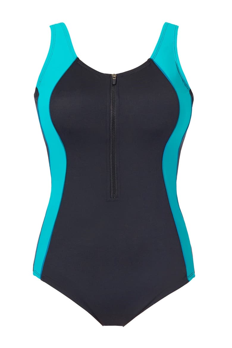 Zip Front One Piece With Tummy Control, Alternate, color, BLACK TEAL TURQ