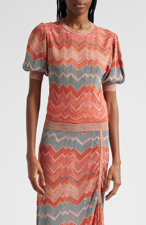 Priscilla Chevron Puff Sleeve Knit Crop Top