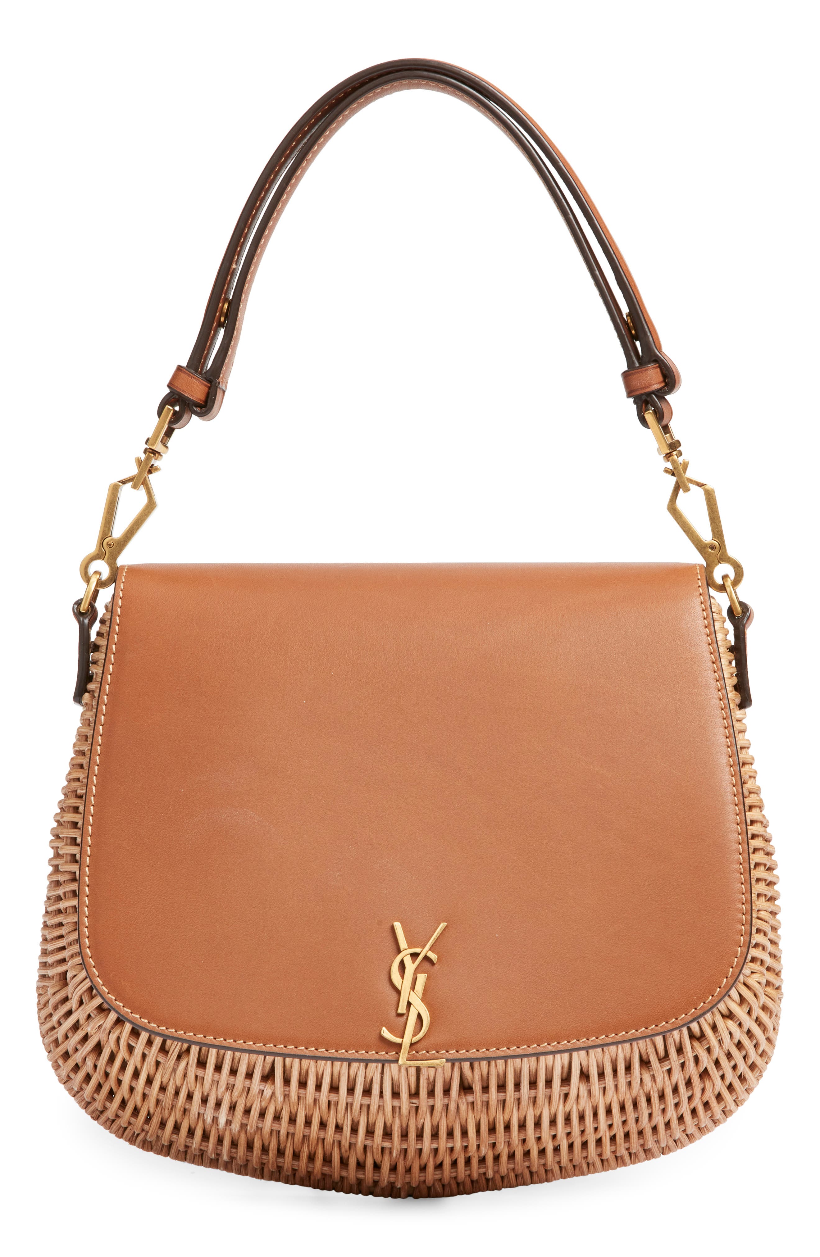 Saint Laurent Voltaire Raffia & Leather Top Handle Bag, Main, color, Naturel/ Brick