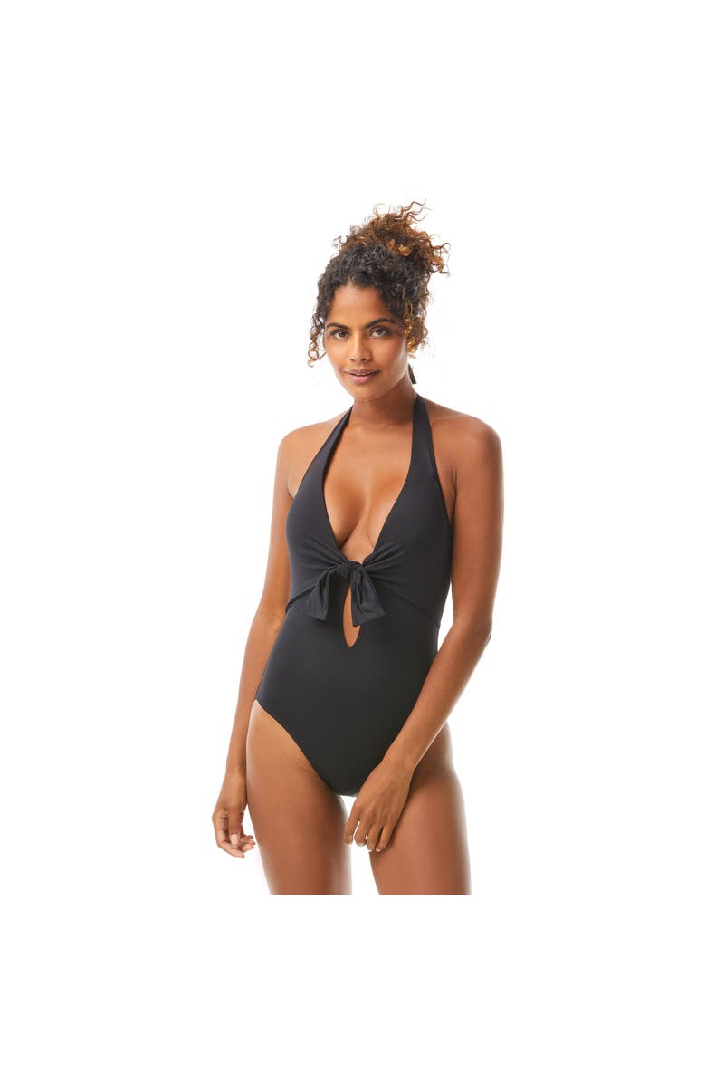 Vince Camuto Tie Front Halter One Piece Swimsuit, Main, color, 001-Black