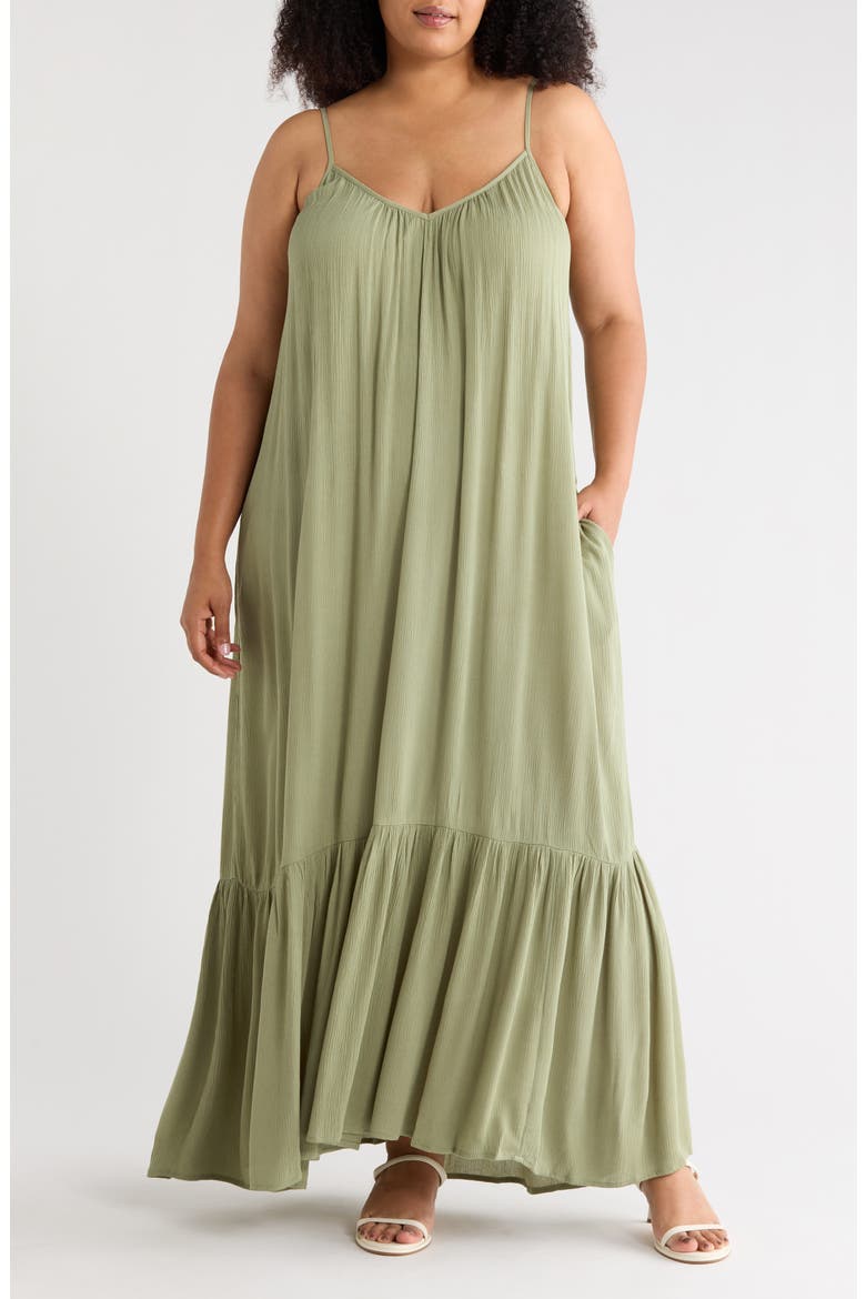 Ruffle Hem Gauze Maxi Slipdress, Main, color, OLIVE ACORN